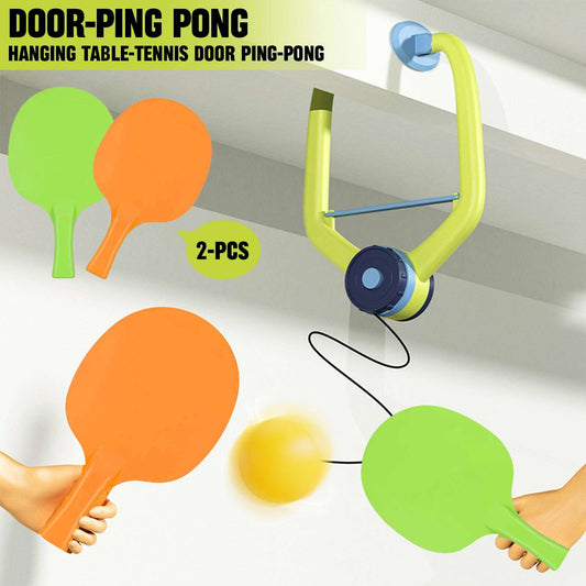 Door-ping pong set with paddles and a ball on a white background